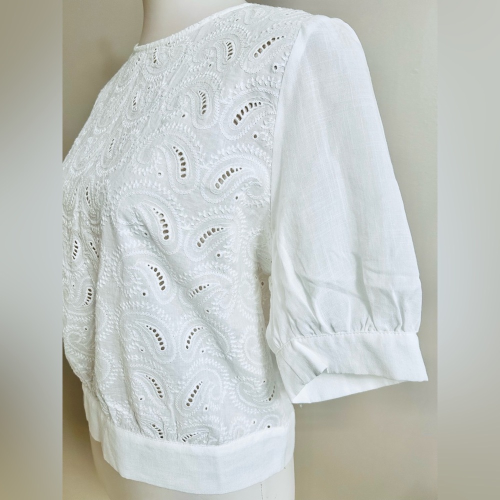 Monk & Lou Embroidered Rayon/Cotton Short-Sleeved Blouse w. Tie